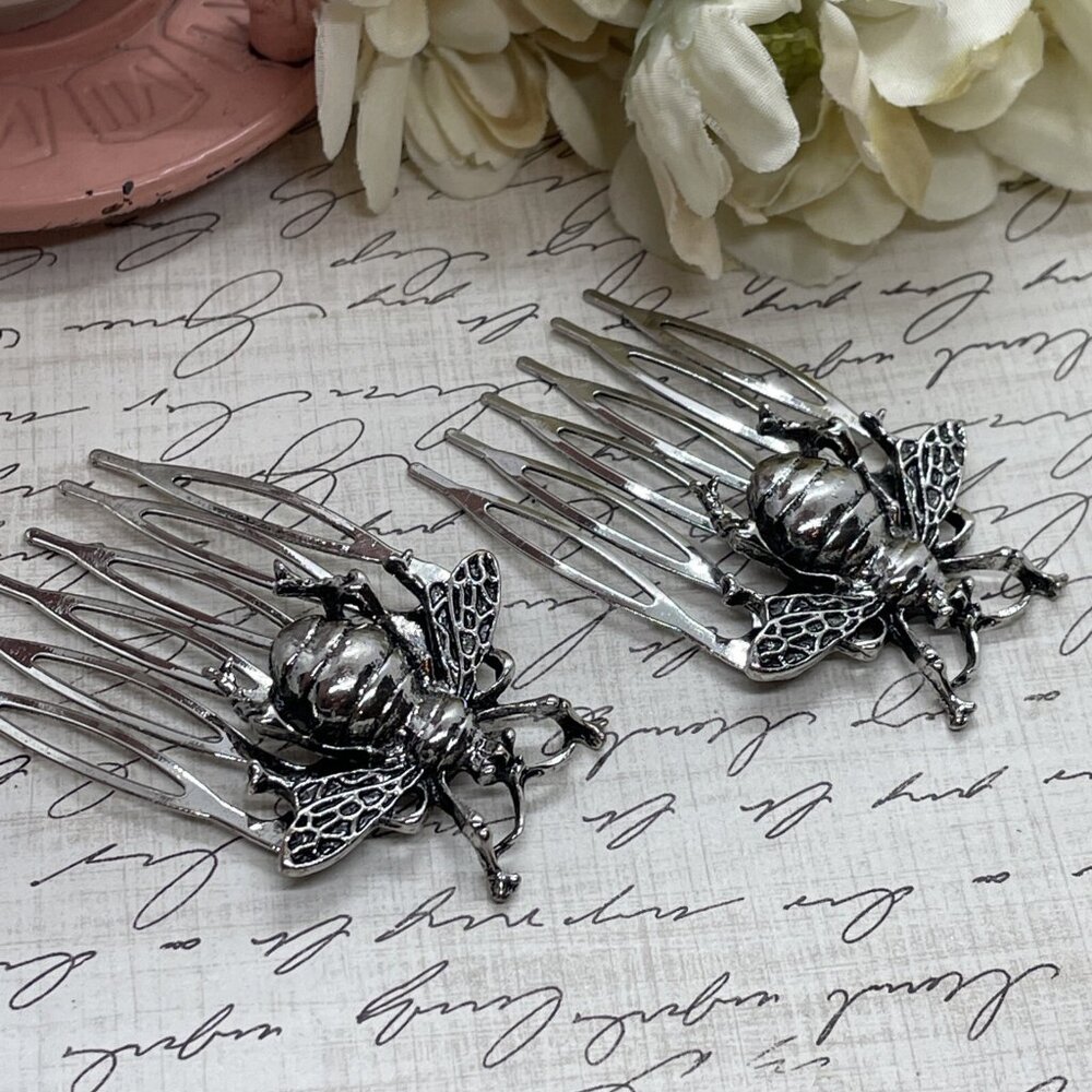 1 Pair Silver Long Bee Bridal Hairpin Bobby pin wedding hair festival Honey Comb - Picture 3 of 11